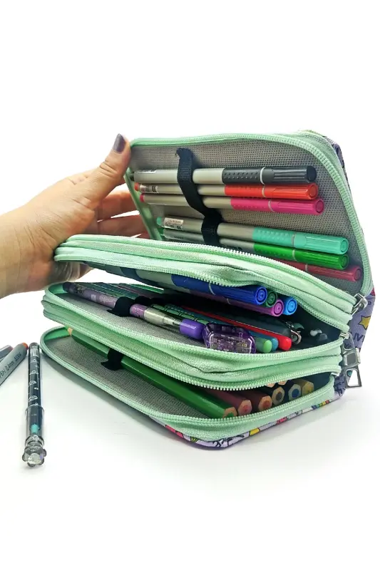 Qalam qutisi Unicorn-flamingo Kawai Organizer Qalamkuti Vegan charm Uch bo'lmali qalamdon - Yashil-Binafshaunicorn - 4