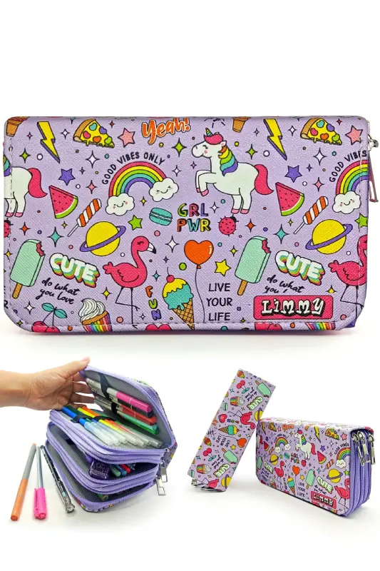 Qalam qutisi Unicorn-flamingo Kawai Organizer Qalamquti Vegan Teri Uch Bo'lmali Qalamdon -binafsha-Rangli11 - 1