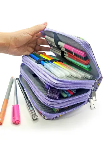 Qalam qutisi Unicorn-flamingo Kawai Organizer Qalamquti Vegan Teri Uch Bo'lmali Qalamdon -binafsha-Rangli11 - 4