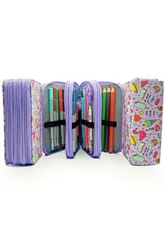 Qalam qutisi Unicorn-flamingo Kawai Organizer Qalamquti Vegan Teri Uch Bo'lmali Qalamdon -binafsha-Rangli11 - 5