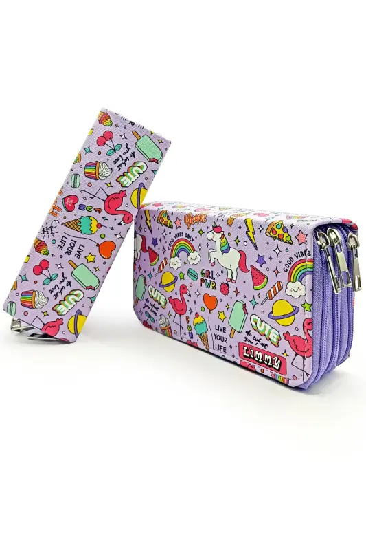 Qalam qutisi Unicorn-flamingo Kawai Organizer Qalamquti Vegan Teri Uch Bo'lmali Qalamdon -binafsha-Rangli11 - 2