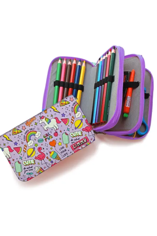 Qalam qutisi Unicorn-flamingo Kawai Organizer Qalamquti Vegan Teri Uch Bo'lmali Qalamdon -binafsha-Rangli11 - 3