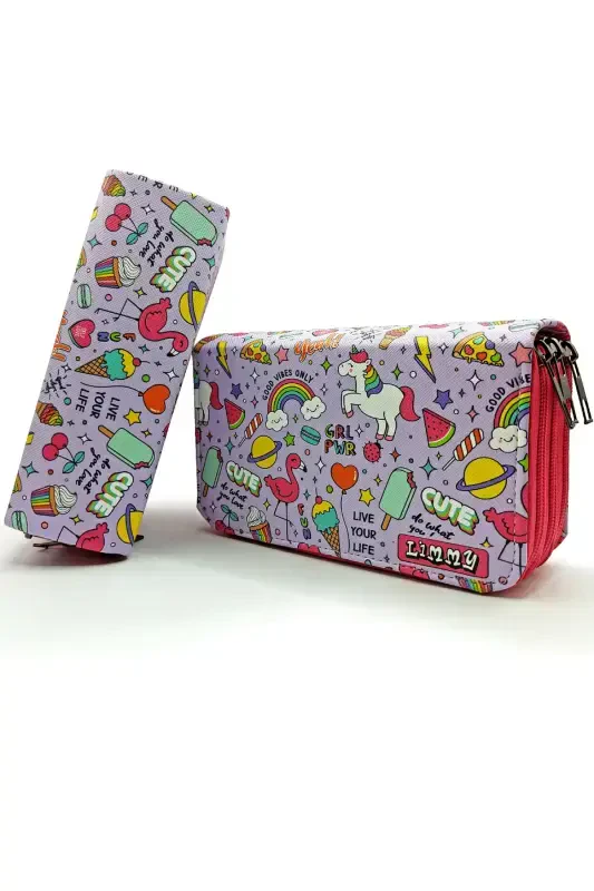 Qalam qutisi Unicorn-flamingo naqshli Kawai Organizer qalamquti Vegan teri Uch bo'lmali qalamdon-rangli9 - 2