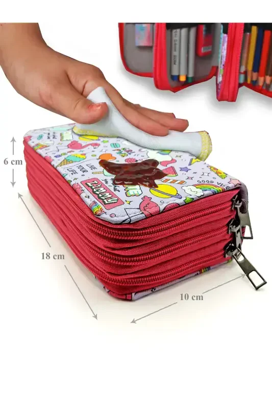 Qalam qutisi Unicorn-flamingo naqshli Kawai Organizer qalamquti Vegan teri Uch bo'lmali qalamdon-rangli9 - 6