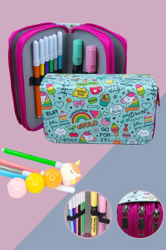 Qalam qutisi #yolo Unicorn Kawaii Vegan Teri Uch bo'lmali (qalamdon)-Yolo Pushti Fermuar - ONESIZE