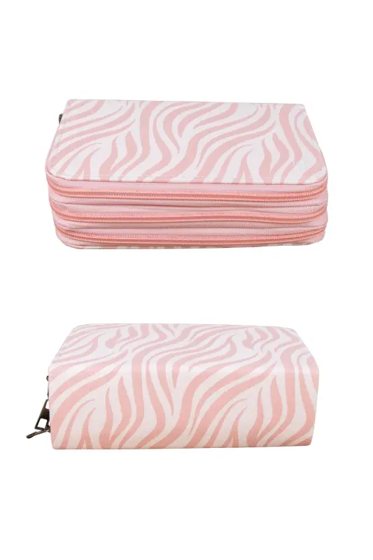 Qalam qutisi Zebra naqshli pushti vegan teri Uch bo'limli (qalamdon)-Zebra pushti - 3