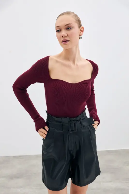 Qalb yoqali trikotaj bluzka - BORDO-BORDO - 4