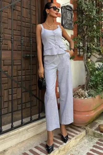 Qalin Askılı Bluz Pantolon Keten Takım 10187 - 5