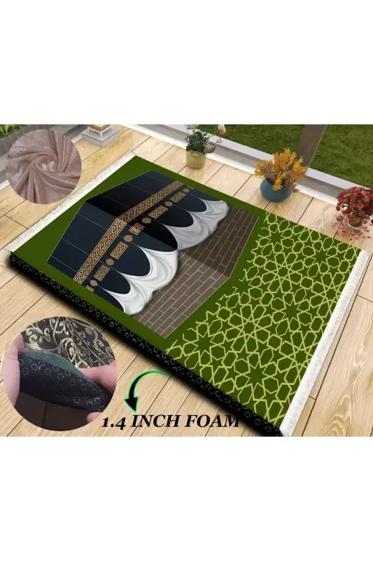 Qalin g'ubkali yumshoq joynamoz, yuviladigan, sep, sovg'a, namozlik, buklanadigan (70X120SM)-YASHIL TILLA KA'BA - CARPETELLA