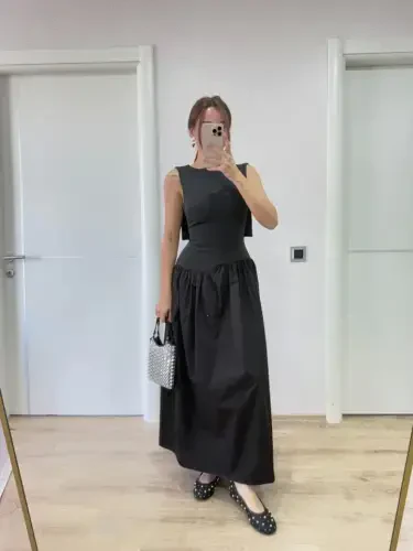 Qanotli orqa uzun ko'ylak - Qora - 3