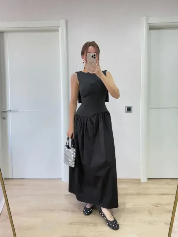 Qanotli orqa uzun ko'ylak - Qora - 3