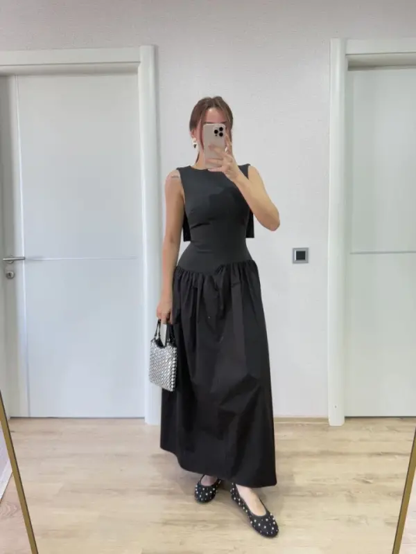 Qanotli orqa uzun ko'ylak - Qora - 3