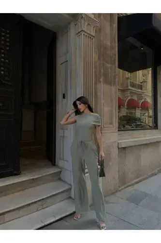 Qayiq Yaka Büzgülü Bluz Shimlar To'plami-ÇAĞLA - 4