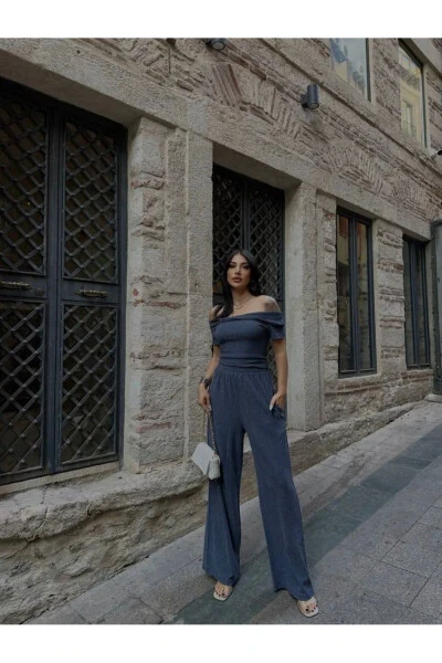 Qayiq yoqali burmali bluz shim kostyumi-İNDİGO - EKIM STORE