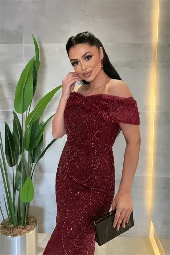 Qayiq yoqali munchoqli matoli kechki libos - BORDO - 3