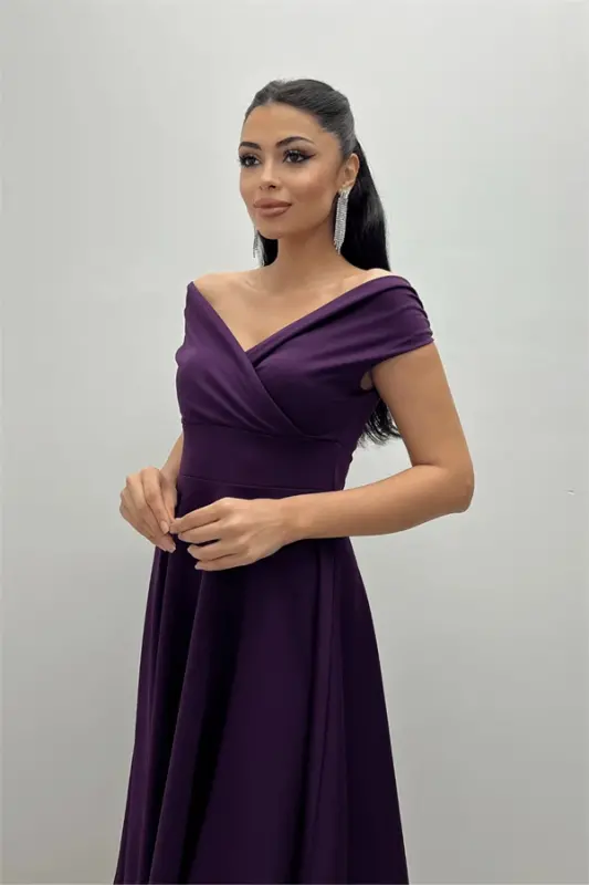 Qayiqboʻyinli Midi Libos, Jabburli Yubka — Binafsha KL07 - 2