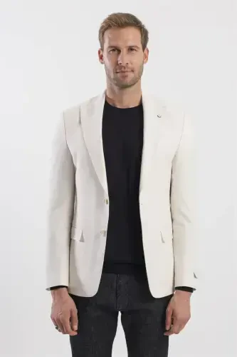 Qaymoq rangli Slim Fit naqshli uchli yoqali pidjak 