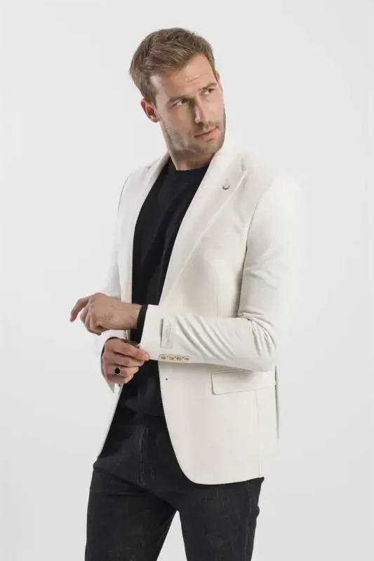 Qaymoq rangli Slim Fit naqshli uchli yoqali pidjak - 3