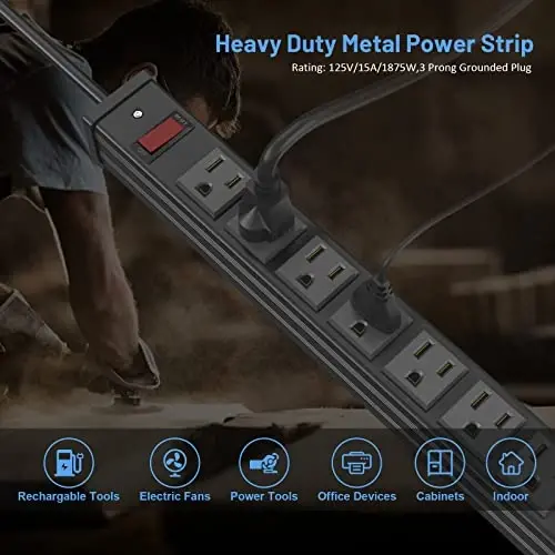 QBA 24 Outlet Metal Power Strip, Extra Long Heavy Duty Power Strip with 10FT Extension Cord, Mountable for Warehouse Garage Workench, ETL Listed, Black - 3