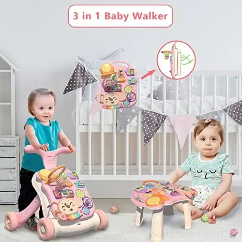 QDRAGON 3 in 1 Baby Walker and Activity Center for Baby Girl, Toddler, Learning to Walk, Sit to Stand, Early Learning Push Toys for Infant 6-12 Months Pink - QDRAGON (1)