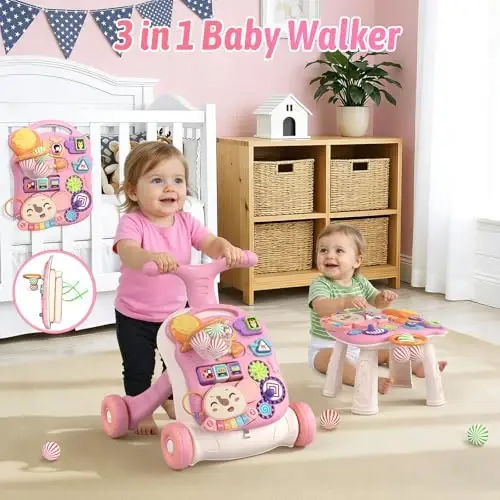QDRAGON 3 in 1 Baby Walker and Activity Center for Baby Girl, Toddler, Learning to Walk, Sit to Stand, Early Learning Push Toys for Infant 6-12 Months Pink - 3