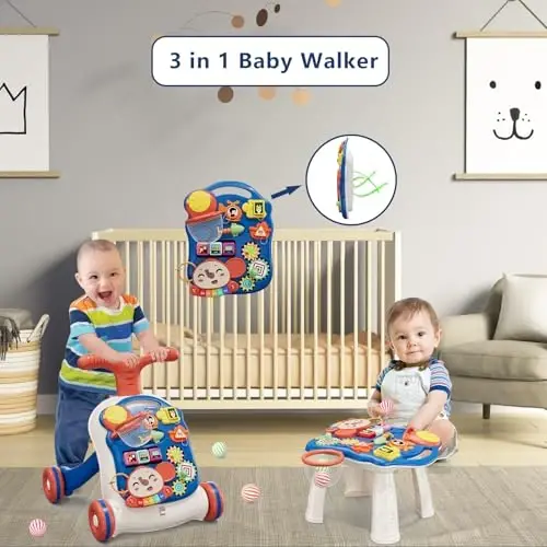 QDRAGON 3 in 1 Baby Walker and Activity Center for Boy, Learning to Walk, Sit to Stand, Early Educational Push Toys with Music Panel for Infant Toddler 12+ Months Blue - QDRAGON (1)