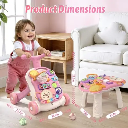QDRAGON 3 in 1 Baby Walker and Activity Center for Girl, Learning to Walk, Sit to Stand, Early Educational Push Toys with Music Panel for Infant Toddler 12+ Months Pink - 2