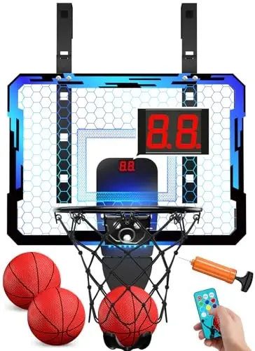 QDRAGON Indoor Basketball Hoop for Kids, Over The Door Mini Basketball Hoops with 7 LED Lighting, Basketball Toys Gifts for 5 6 7 8 9 10 11 12 Year Old Boys Girls Teens, Blue - QDRAGON