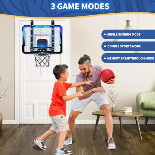 QDRAGON Indoor Basketball Hoop for Kids, Over The Door Mini Basketball Hoops with 7 LED Lighting, Basketball Toys Gifts for 5 6 7 8 9 10 11 12 Year Old Boys Girls Teens, Blue - 4