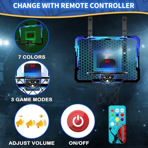 QDRAGON Indoor Basketball Hoop for Kids, Over The Door Mini Basketball Hoops with 7 LED Lighting, Basketball Toys Gifts for 5 6 7 8 9 10 11 12 Year Old Boys Girls Teens, Blue - 5