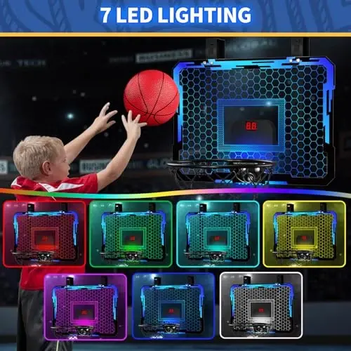 QDRAGON Indoor Basketball Hoop for Kids, Over The Door Mini Basketball Hoops with 7 LED Lighting, Basketball Toys Gifts for 5 6 7 8 9 10 11 12 Year Old Boys Girls Teens, Blue - QDRAGON (1)
