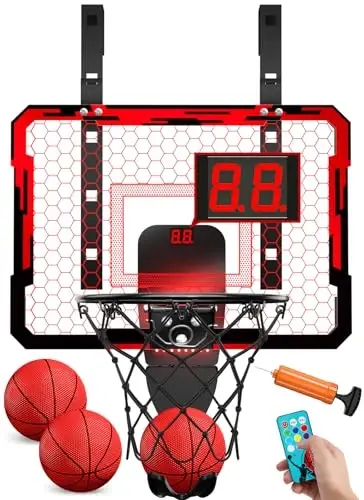 QDRAGON Indoor Basketball Hoop for Kids, Over The Door Mini Basketball Hoops with 7 LED Lighting, Basketball Toys Gifts for 5 6 7 8 9 10 11 12 Year Old Boys Girls Teens, Red - 1