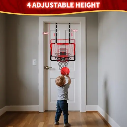 QDRAGON Indoor Basketball Hoop for Kids, Over The Door Mini Basketball Hoops with 7 LED Lighting, Basketball Toys Gifts for 5 6 7 8 9 10 11 12 Year Old Boys Girls Teens, Red - 4
