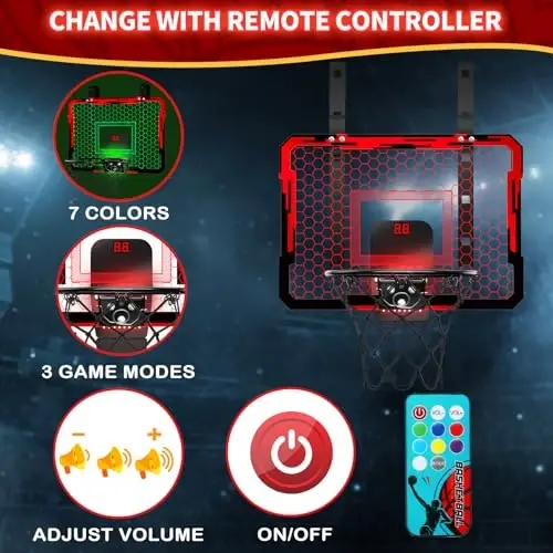 QDRAGON Indoor Basketball Hoop for Kids, Over The Door Mini Basketball Hoops with 7 LED Lighting, Basketball Toys Gifts for 5 6 7 8 9 10 11 12 Year Old Boys Girls Teens, Red - 6