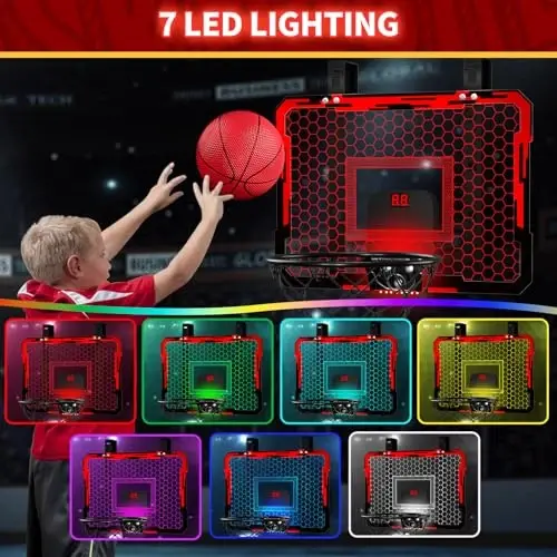 QDRAGON Indoor Basketball Hoop for Kids, Over The Door Mini Basketball Hoops with 7 LED Lighting, Basketball Toys Gifts for 5 6 7 8 9 10 11 12 Year Old Boys Girls Teens, Red - QDRAGON (1)