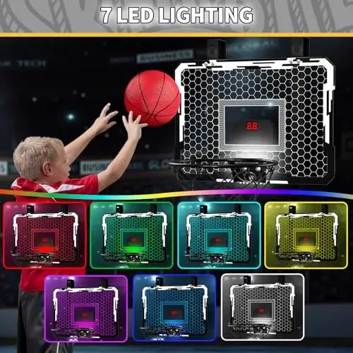 QDRAGON Indoor Basketball Hoop for Kids, Over The Door Mini Basketball Hoops with 7 LED Lighting, Basketball Toys Gifts for 5 6 7 8 9 10 11 12 Year Old Boys Girls Teens, White - 2