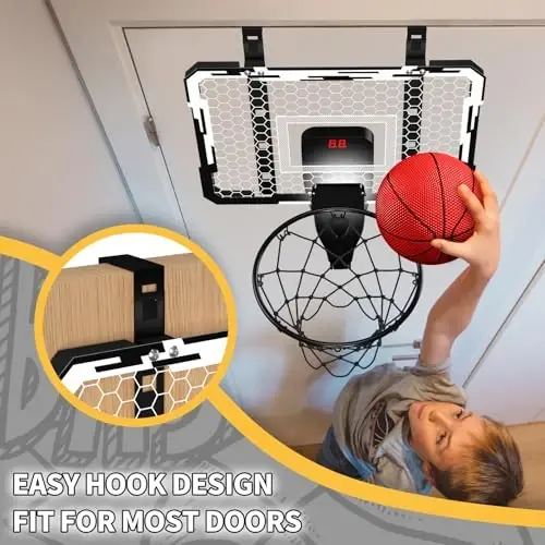 QDRAGON Indoor Basketball Hoop for Kids, Over The Door Mini Basketball Hoops with 7 LED Lighting, Basketball Toys Gifts for 5 6 7 8 9 10 11 12 Year Old Boys Girls Teens, White - 6