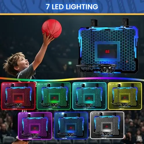 QDRAGON Mini Basketball Hoop, Over The Door Indoor, with 3 Balls/Inflator/Breakaway Rim, Basketball Toy Gifts for Kids and Adults, Suit for Bedroom/Office/Outdoor, Blue with Scoreboard & 7 Light - 1