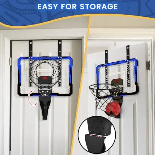 QDRAGON Mini Basketball Hoop, Over The Door Indoor, with 3 Balls/Inflator/Breakaway Rim, Basketball Toy Gifts for Kids and Adults, Suit for Bedroom/Office/Outdoor, Blue with Scoreboard & 7 Light - 2