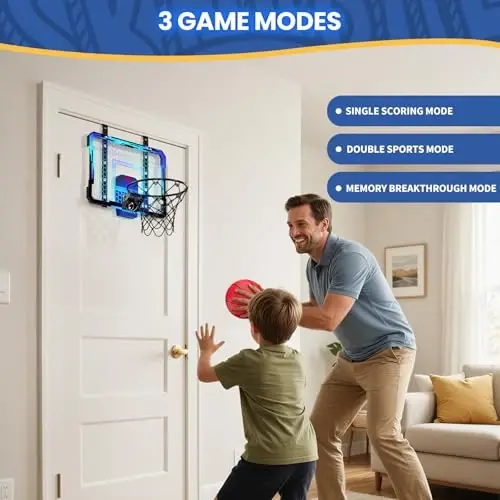 QDRAGON Mini Basketball Hoop, Over The Door Indoor, with 3 Balls/Inflator/Breakaway Rim, Basketball Toy Gifts for Kids and Adults, Suit for Bedroom/Office/Outdoor, Blue with Scoreboard & 7 Light - 3