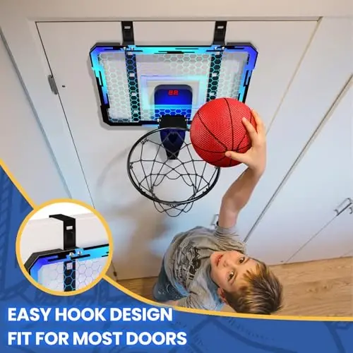 QDRAGON Mini Basketball Hoop, Over The Door Indoor, with 3 Balls/Inflator/Breakaway Rim, Basketball Toy Gifts for Kids and Adults, Suit for Bedroom/Office/Outdoor, Blue with Scoreboard & 7 Light - 4