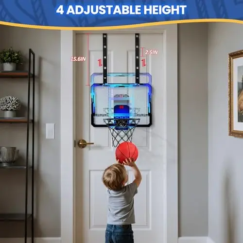 QDRAGON Mini Basketball Hoop, Over The Door Indoor, with 3 Balls/Inflator/Breakaway Rim, Basketball Toy Gifts for Kids and Adults, Suit for Bedroom/Office/Outdoor, Blue with Scoreboard & 7 Light - 5