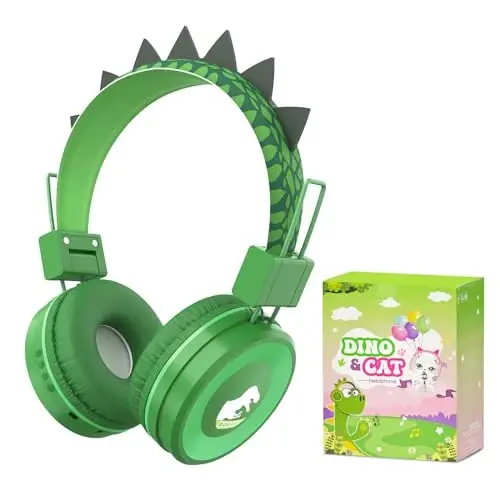 QearFun Kids Bluetooth Headphones, Dinosaur Kids Headphones Wireless with Microphone, Safe Volume 85 dBA, Bluetooth 5.3, Girls Toddler Headphones with Aux Cord for iPad/Tablet/Travel/School, Green - Modazone