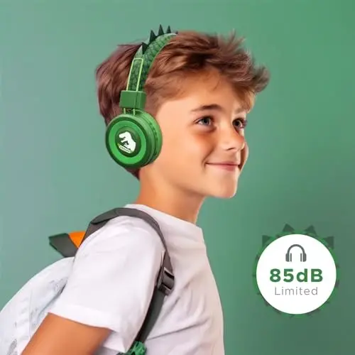 QearFun Kids Bluetooth Headphones, Dinosaur Kids Headphones Wireless with Microphone, Safe Volume 85 dBA, Bluetooth 5.3, Girls Toddler Headphones with Aux Cord for iPad/Tablet/Travel/School, Green - Modazone (1)
