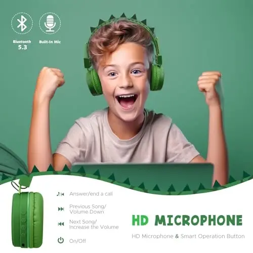 QearFun Kids Bluetooth Headphones, Dinosaur Kids Headphones Wireless with Microphone, Safe Volume 85 dBA, Bluetooth 5.3, Girls Toddler Headphones with Aux Cord for iPad/Tablet/Travel/School, Green - 4