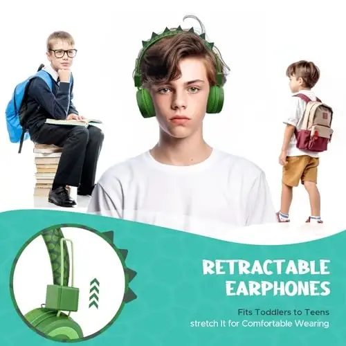 QearFun Kids Bluetooth Headphones, Dinosaur Kids Headphones Wireless with Microphone, Safe Volume 85 dBA, Bluetooth 5.3, Girls Toddler Headphones with Aux Cord for iPad/Tablet/Travel/School, Green - 6