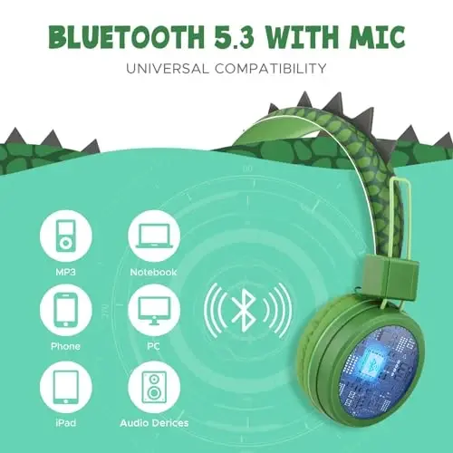 QearFun Kids Bluetooth Quloqchinlari, Mikrofonli Dinozavr Bolalar Quloqchinlari Simsiz, Xavfsiz Ovoz 85 dBA, Bluetooth 5.3, iPad/Planshet/Sayohat/Maktab uchun Aux simli Qizlar uchun Quloqchinlar, Yashil - 3