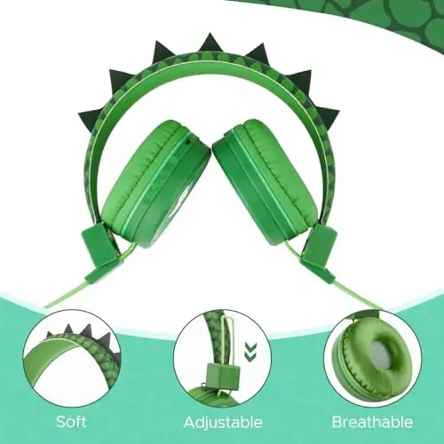 QearFun Kids Bluetooth Quloqchinlari, Mikrofonli Dinozavr Bolalar Quloqchinlari Simsiz, Xavfsiz Ovoz 85 dBA, Bluetooth 5.3, iPad/Planshet/Sayohat/Maktab uchun Aux simli Qizlar uchun Quloqchinlar, Yashil - 5