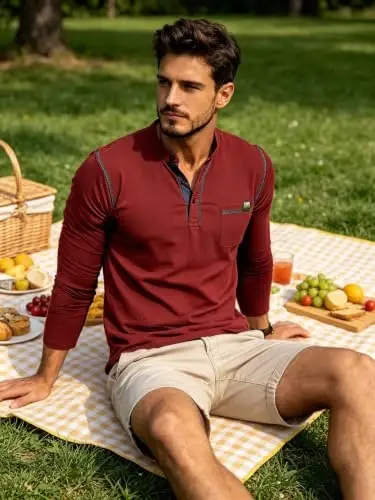Qekoma Men's Henley Shirts Short/Long Sleeve Casual Cotton T-Shirt | True Classic Tees，V Neck Tshirts，Button Stylish，Summer Shirt，Work，Daily Use Top - 6