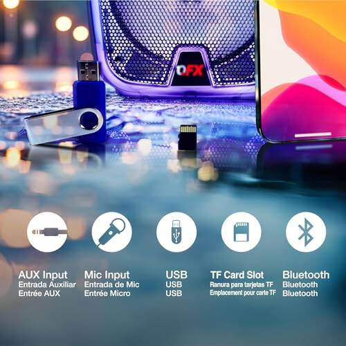 QFX 8 dyuymli ko'chma qayta zaryadlanadigan Bluetooth PA karaoke baland ovozli partiya karnayi 5 soatgacha o'ynash vaqti | Bluetooth 5.3, TWS, USB porti, TF, AUX, FM radio, 360 daraja shaffof harakatlanuvchi partiya chiroqlari | TMS-853 - 2